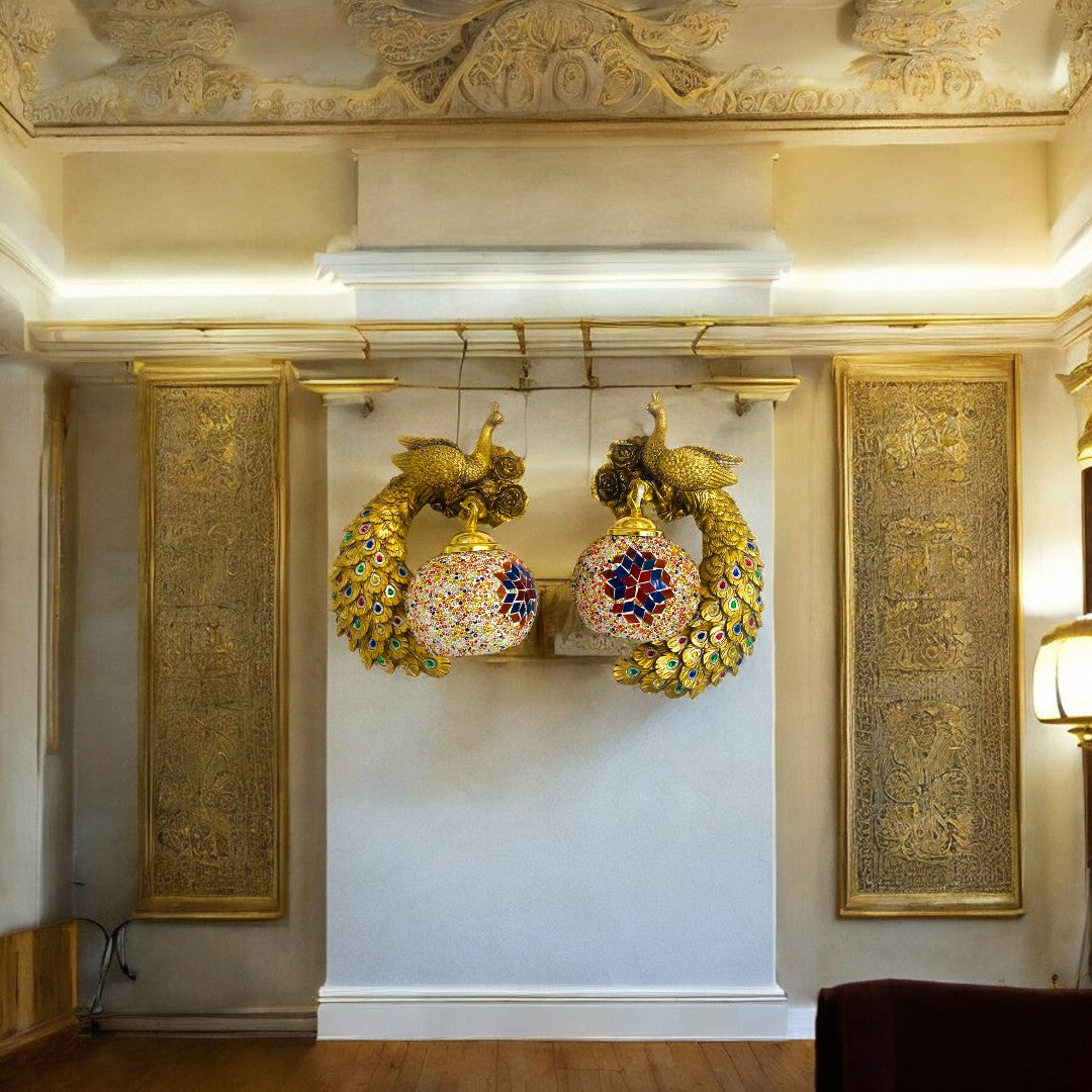 Elegant Peacock-Inspired LED Wall Light with Meenakari Design